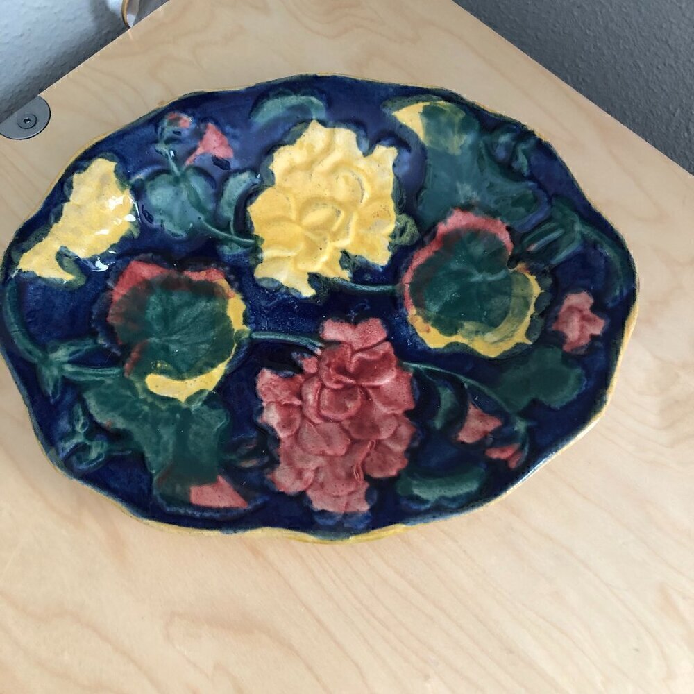 Vintage 1860's Vibrant Blue Red & Green Floral Oval Serving Dish